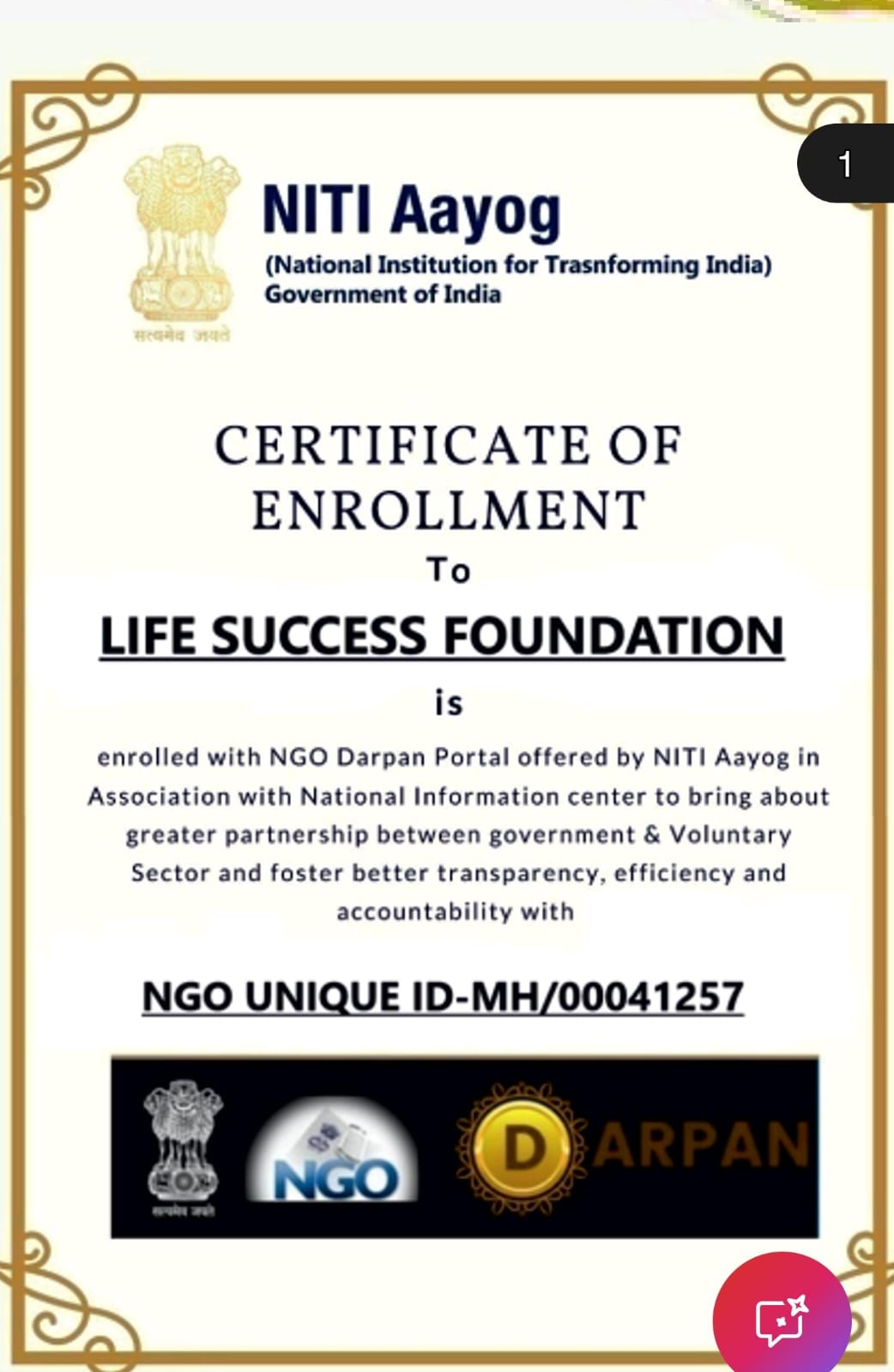 NGO Darpan Certificate